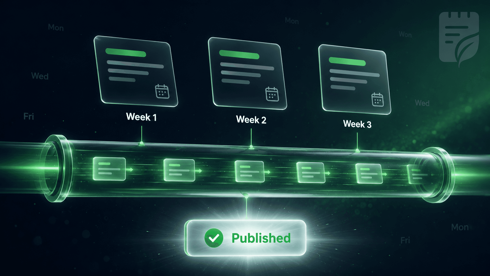 Leafpad content calendar showing upcoming SEO blog posts scheduled across two weeks