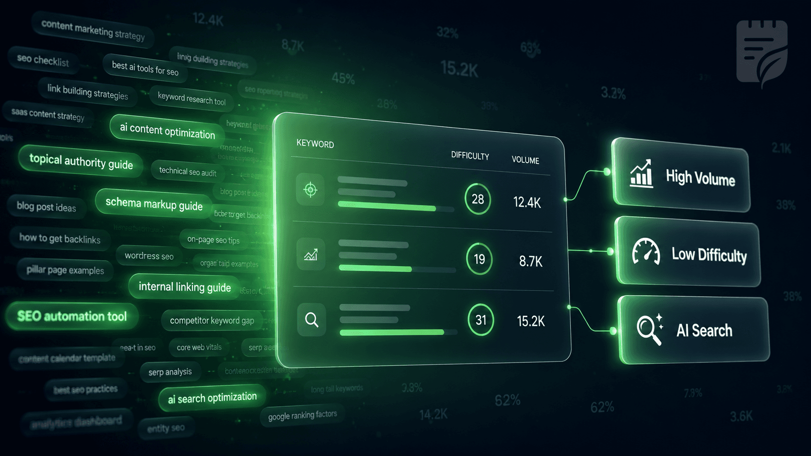 Leafpad keyword research dashboard showing SEO metrics from Ahrefs including search volume and keyword difficulty