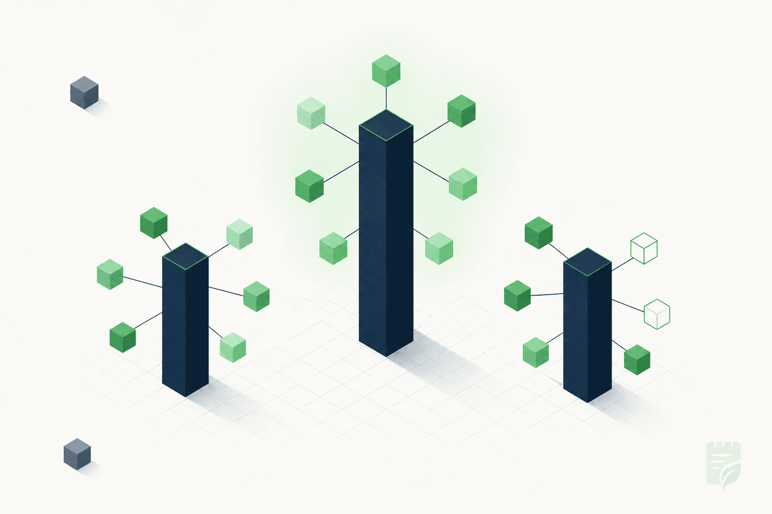 Three pillar structures with orbiting cluster nodes, representing pillar and cluster content architecture
