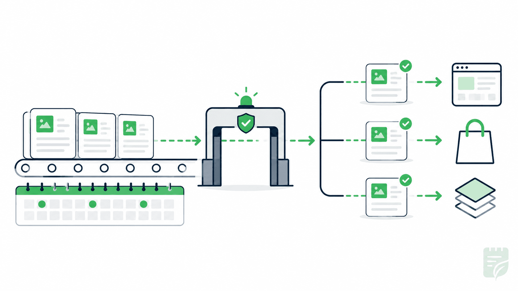 Content calendar posts flowing automatically into a live published blog across WordPress, Shopify, and other platforms